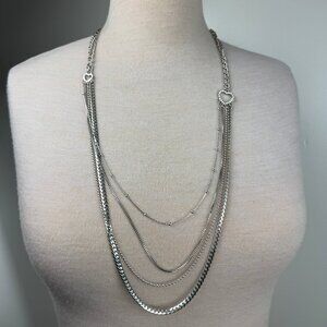 Tutti Frutti Silver Tone Multi Strand Chain Necklace Heart Rhinestone 30-32"